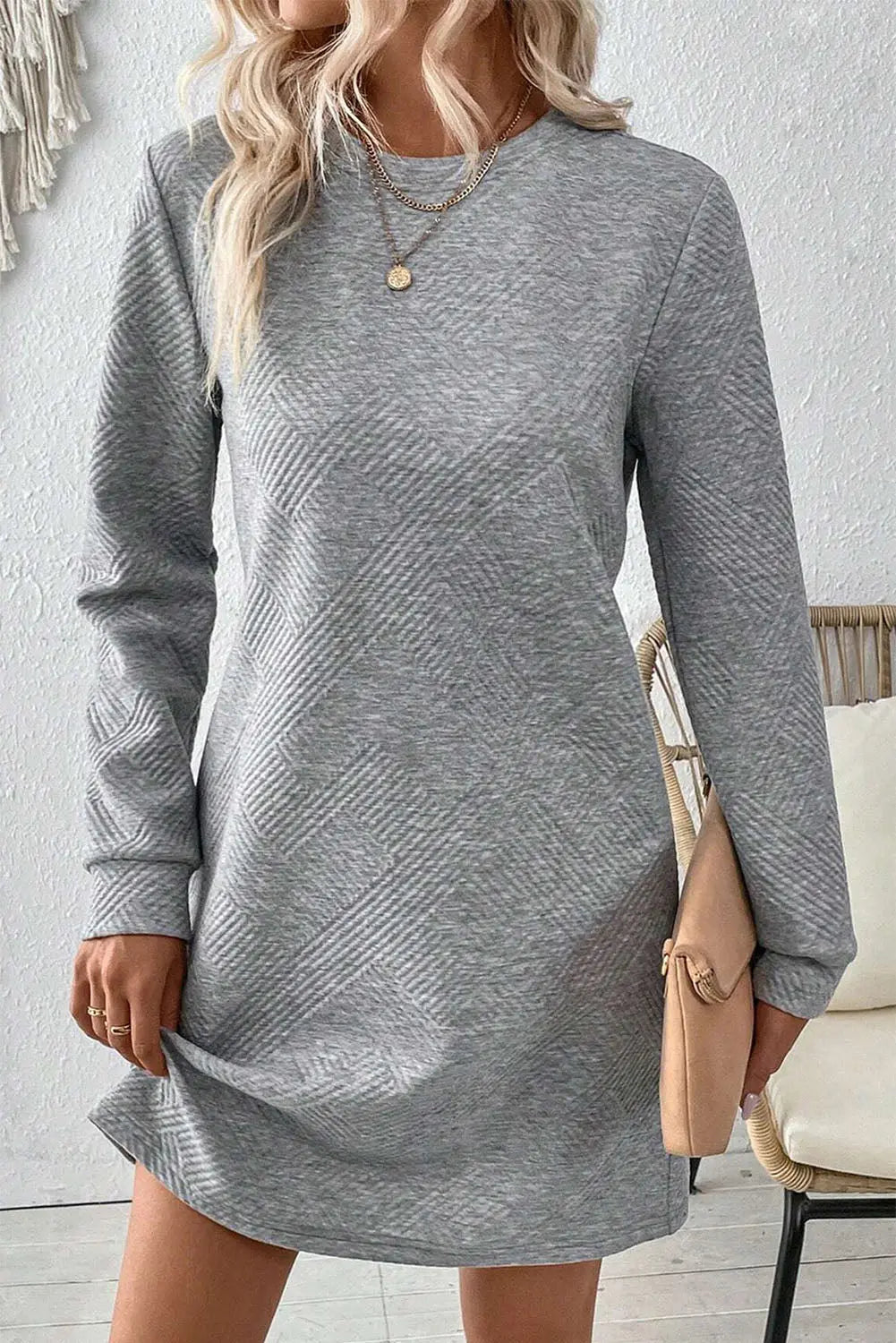 Rose Red Solid Colour Textured Long Sleeve Shift Dress Beagle Boutique Fashion Outlet