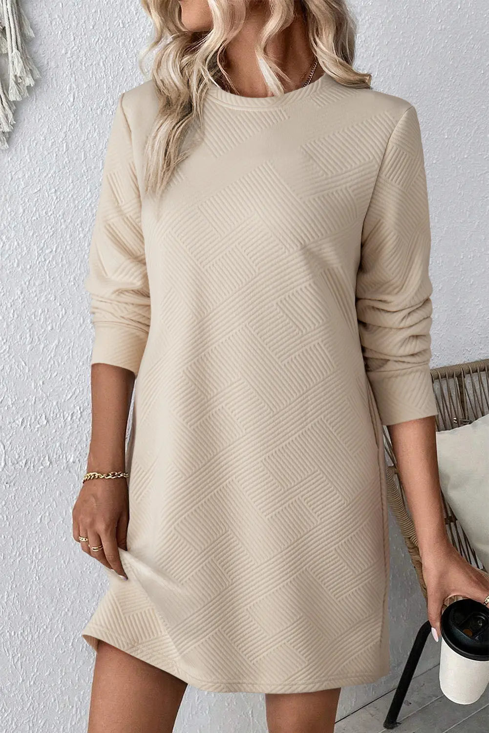 Rose Red Solid Colour Textured Long Sleeve Shift Dress Beagle Boutique Fashion Outlet