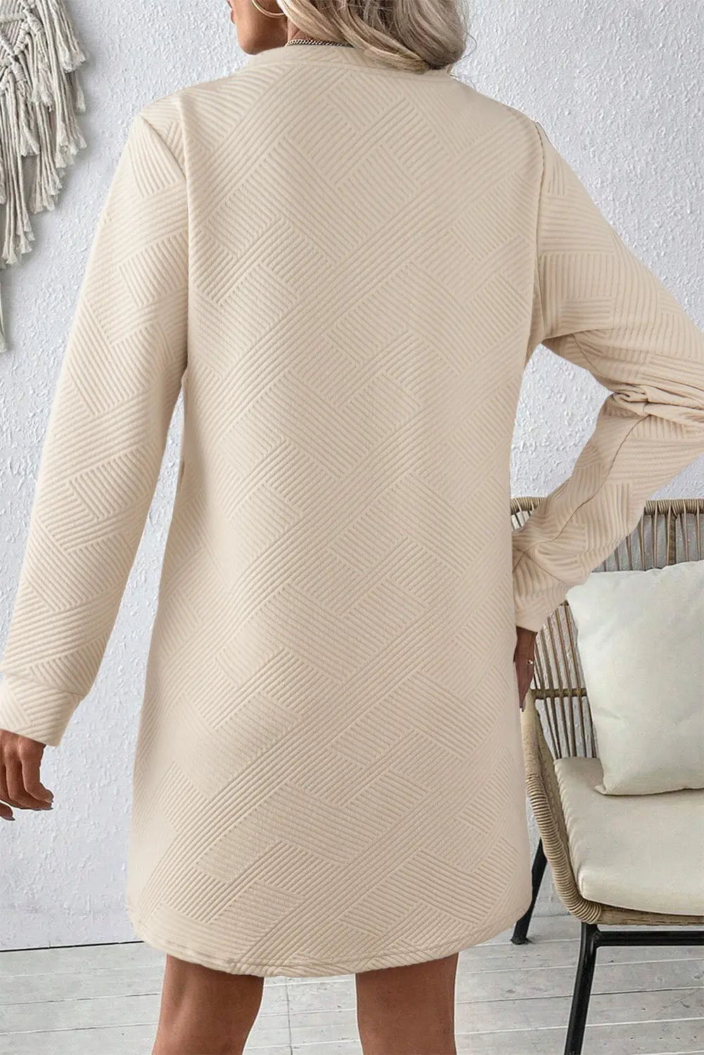 Rose Red Solid Colour Textured Long Sleeve Shift Dress Beagle Boutique Fashion Outlet