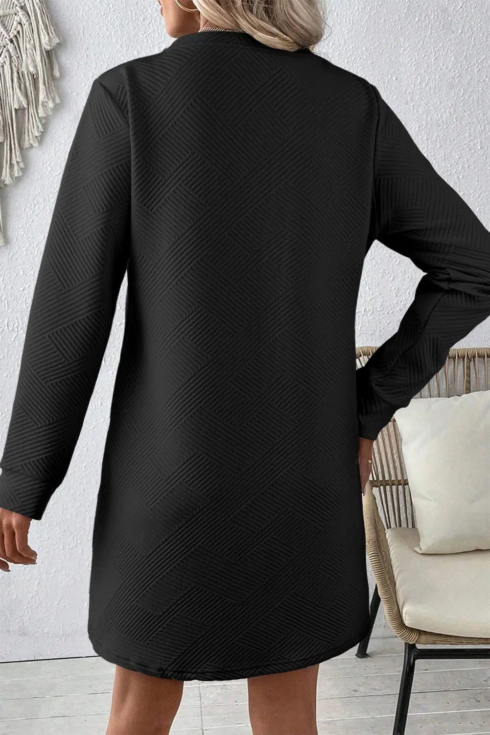 Rose Red Solid Colour Textured Long Sleeve Shift Dress Beagle Boutique Fashion Outlet