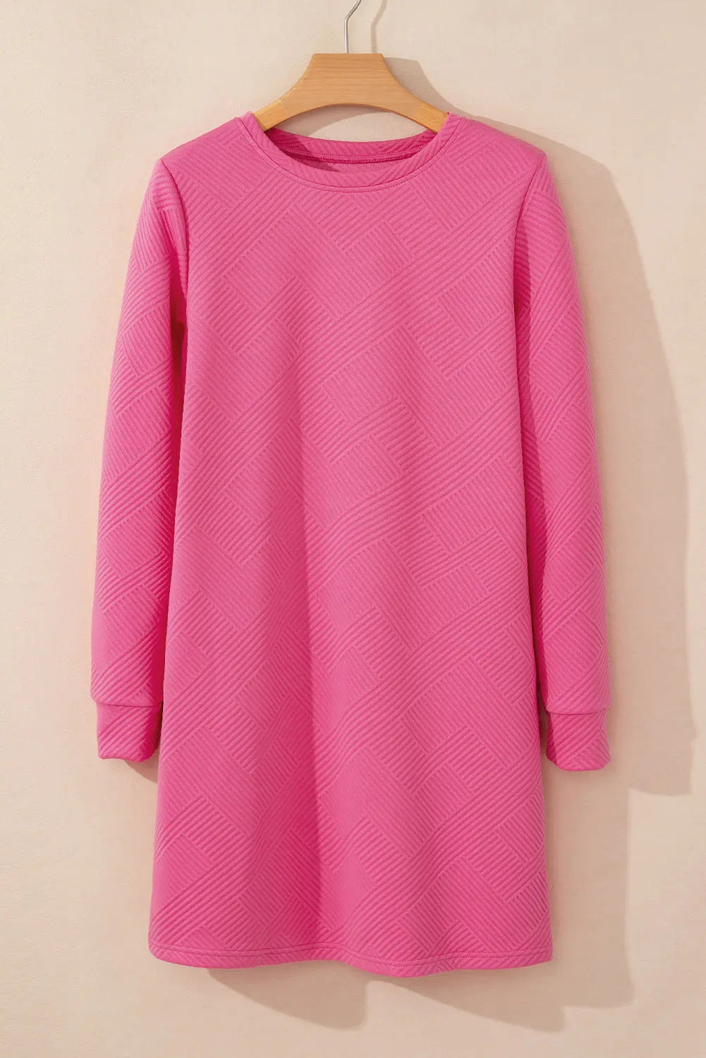Rose Red Solid Colour Textured Long Sleeve Shift Dress Beagle Boutique Fashion Outlet