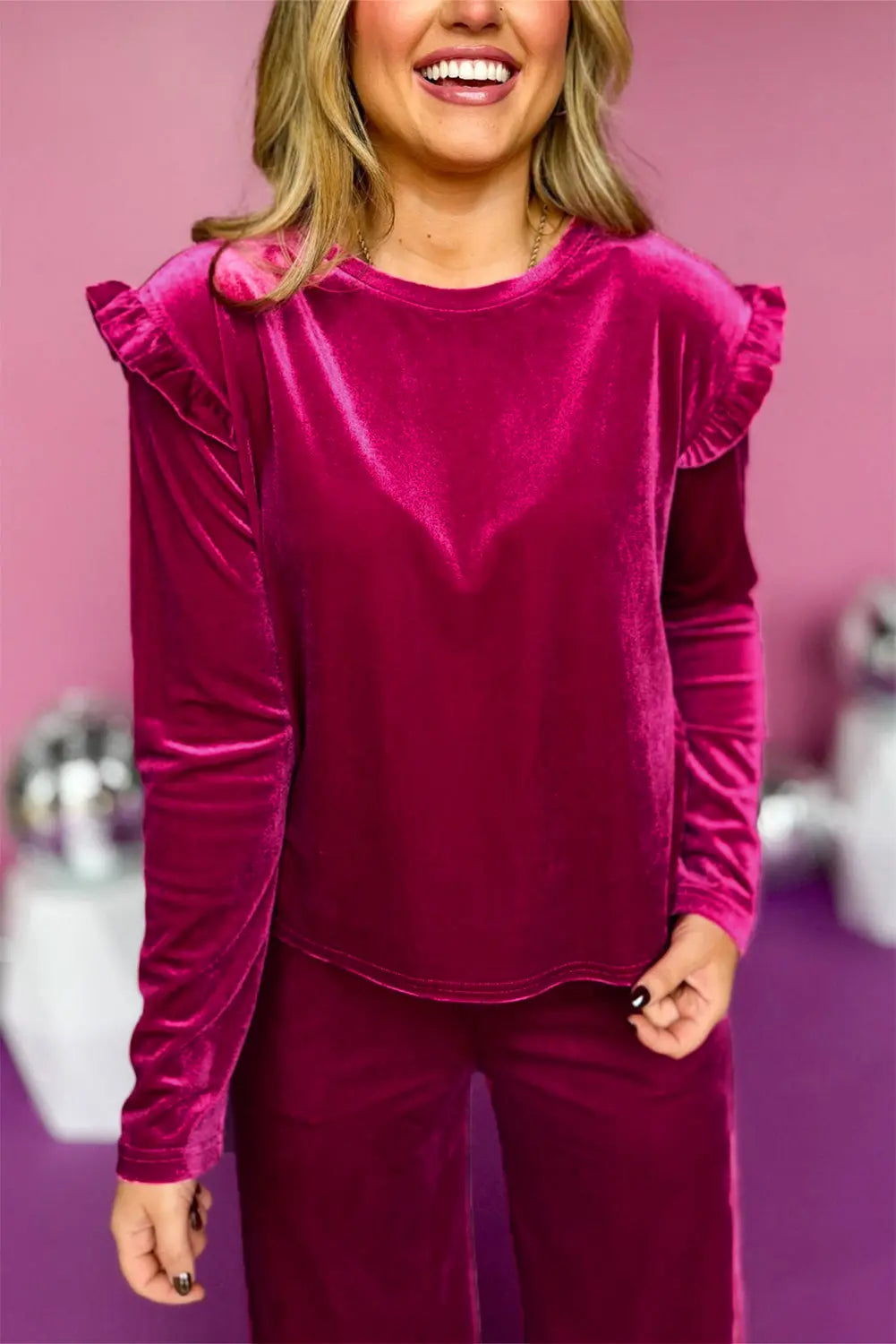Rose Red Solid Velvet Ruffled Two Piece Trousers Set Beagle Boutique Fashion Outlet