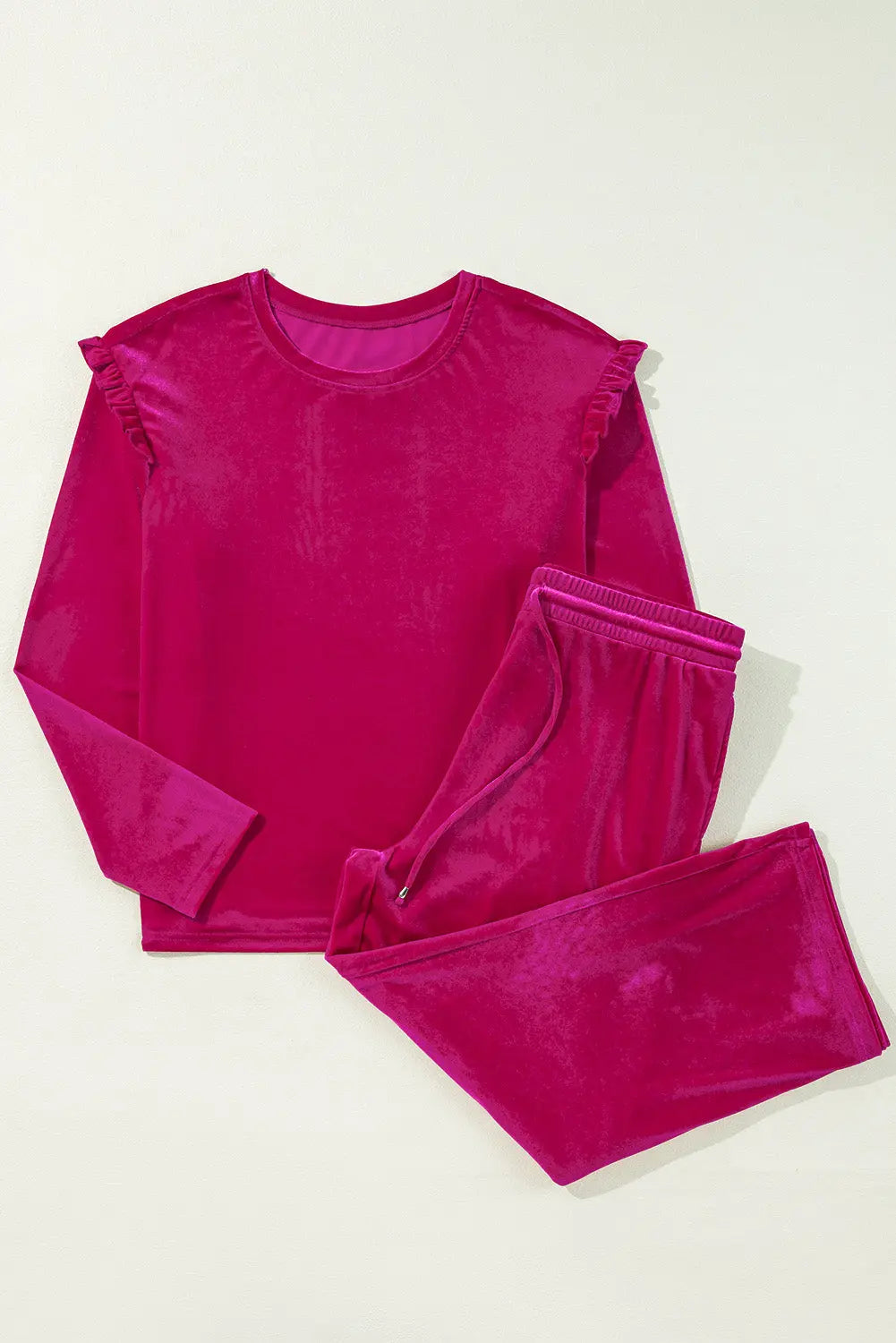 Rose Red Solid Velvet Ruffled Two Piece Trousers Set Beagle Boutique Fashion Outlet