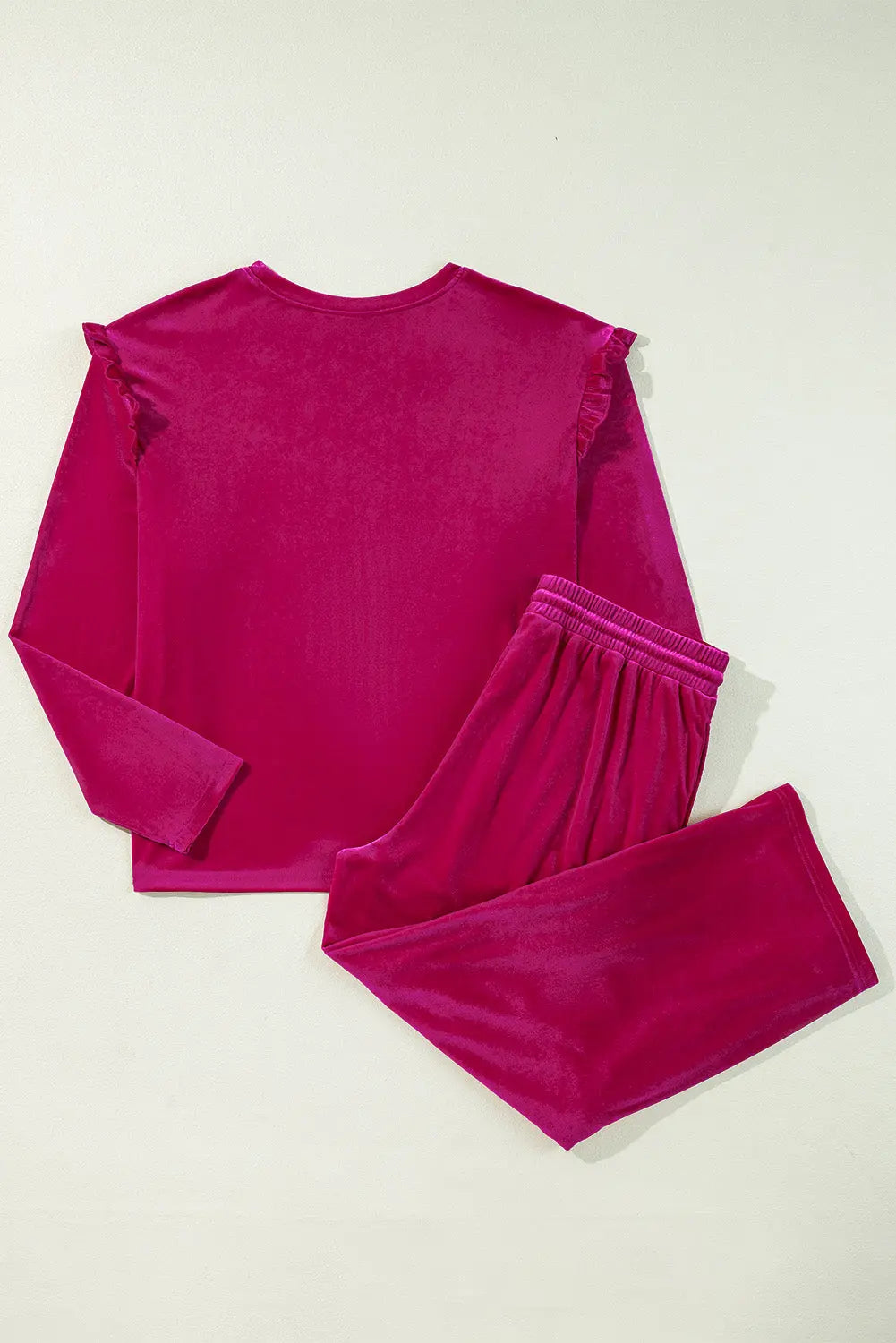 Rose Red Solid Velvet Ruffled Two Piece Trousers Set Beagle Boutique Fashion Outlet