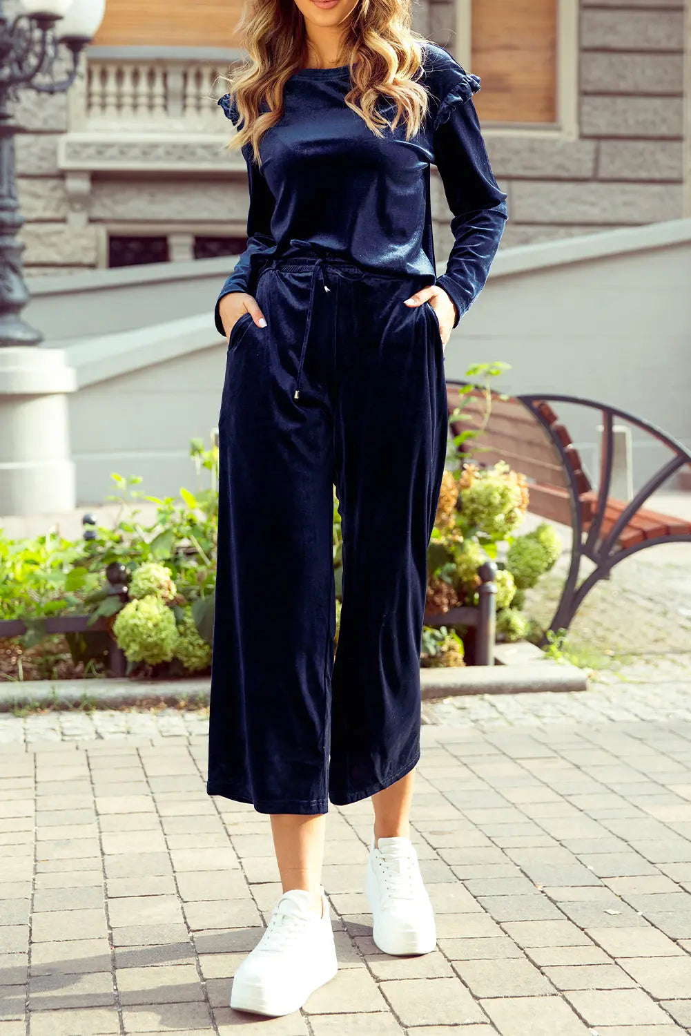 Rose Red Solid Velvet Ruffled Two Piece Trousers Set Beagle Boutique Fashion Outlet