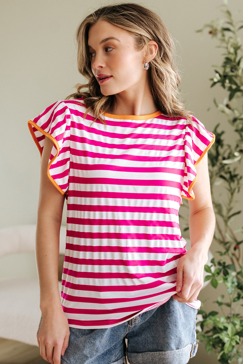 Rose Red Striped Ruffle Sleeve Crew Neck Blouse - eAura