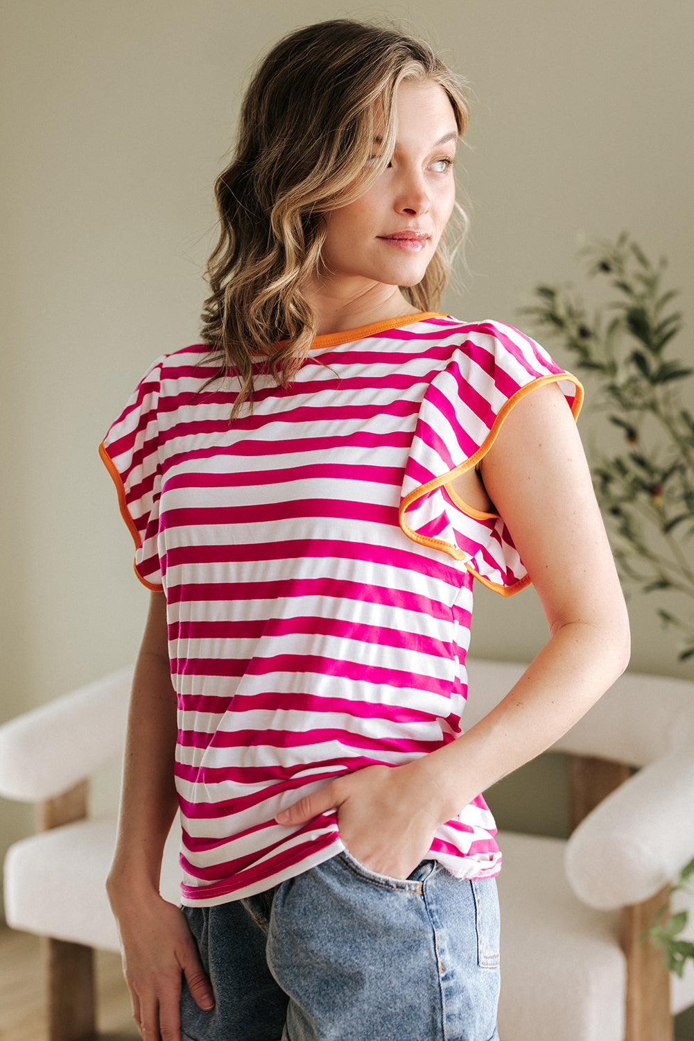 Rose Red Striped Ruffle Sleeve Crew Neck Blouse - eAura
