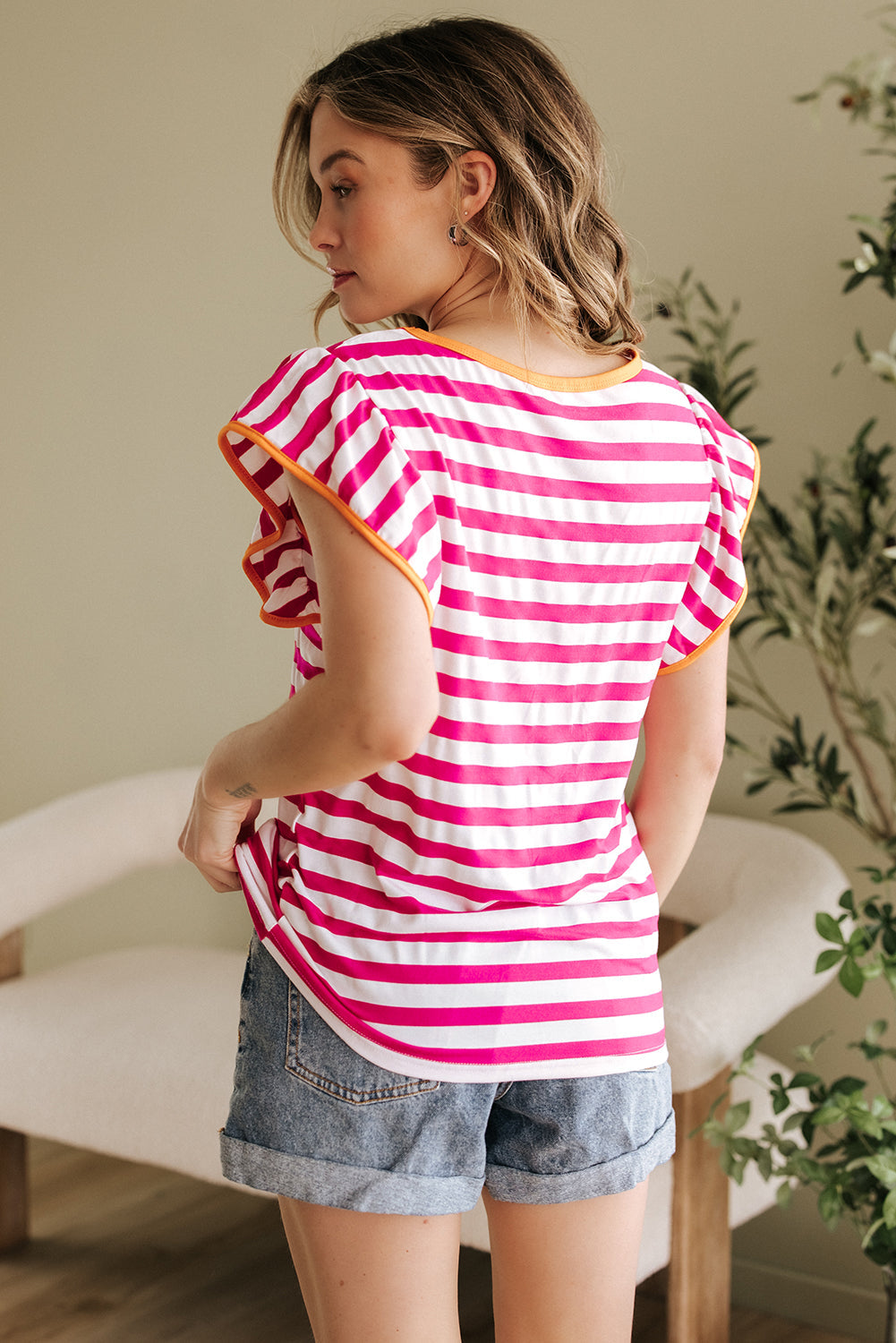 Rose Red Striped Ruffle Sleeve Crew Neck Blouse - eAura