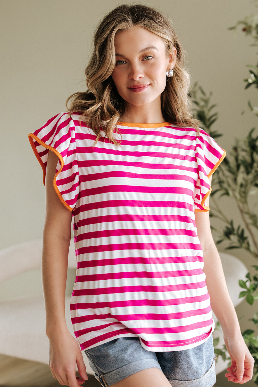 Rose Red Striped Ruffle Sleeve Crew Neck Blouse - eAura