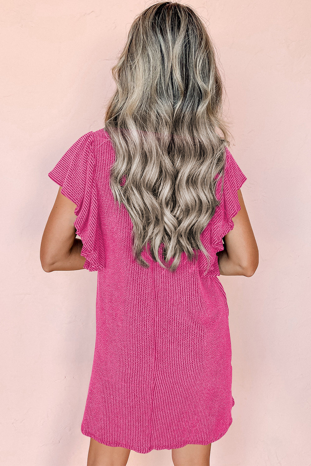 Rose Red Textured Ruffled Flutter Sleeve Mini Dress - eAura