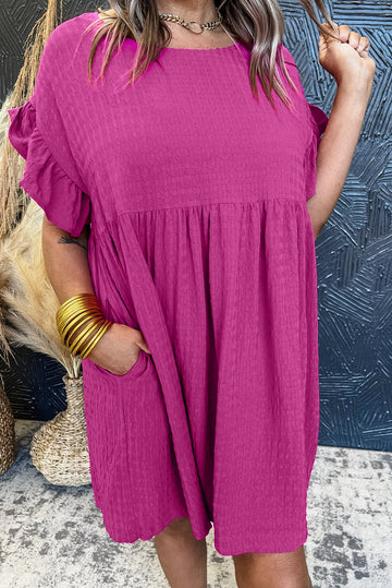 Rose Red Textured Ruffled Short Sleeve Mini Dress - eAura