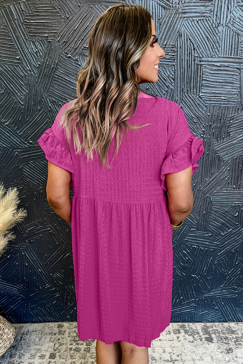 Rose Red Textured Ruffled Short Sleeve Mini Dress - eAura