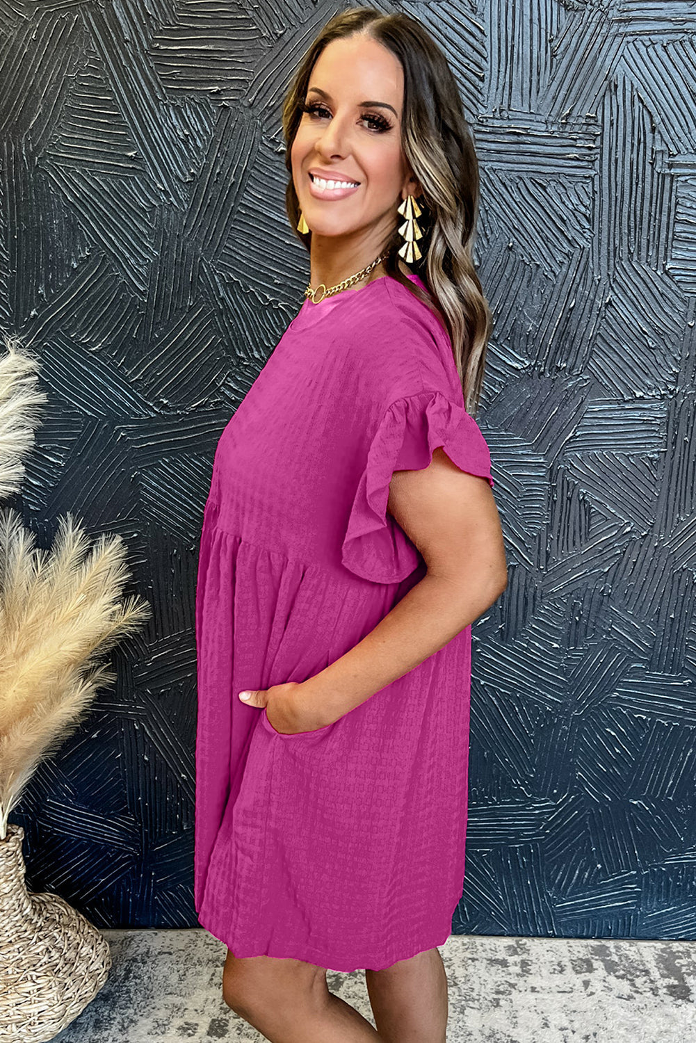 Rose Red Textured Ruffled Short Sleeve Mini Dress - eAura