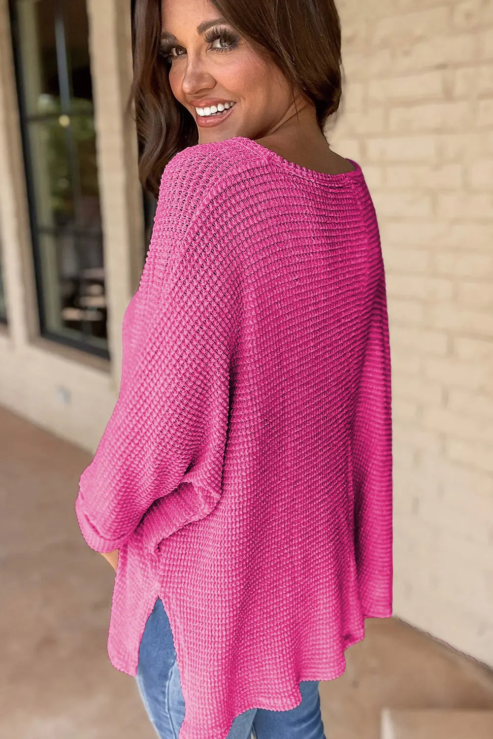 Rose Red Waffle Knit Side Slits Loose Fit V Neck Top eAura