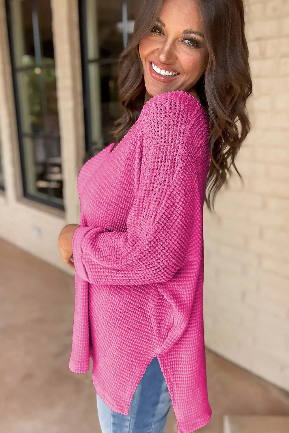 Rose Red Waffle Knit Side Slits Loose Fit V Neck Top eAura