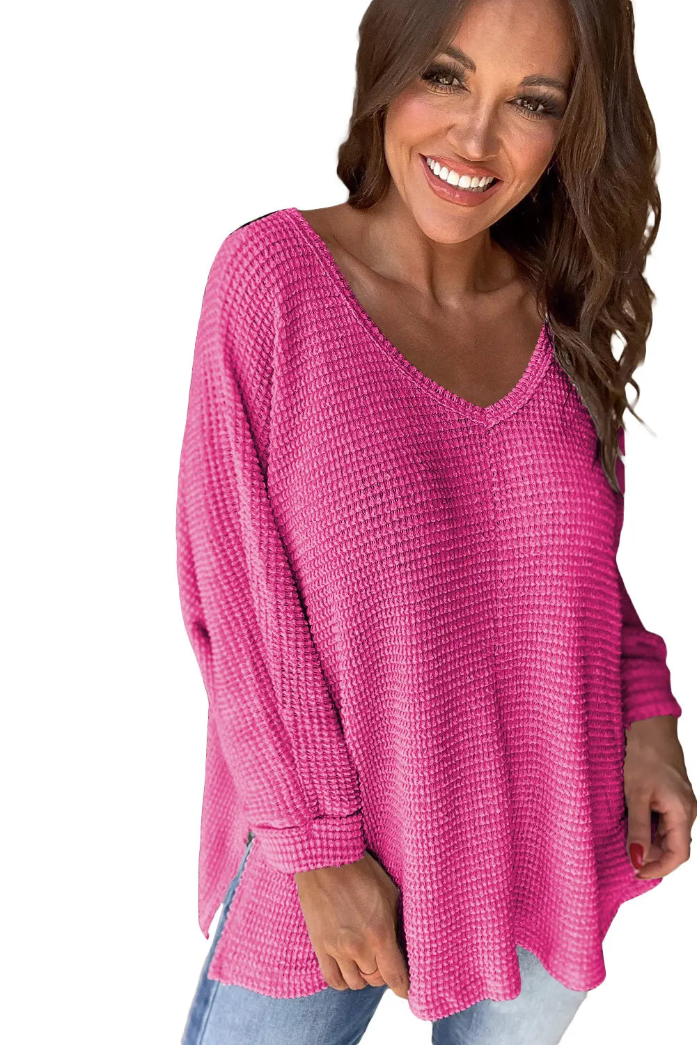 Rose Red Waffle Knit Side Slits Loose Fit V Neck Top eAura