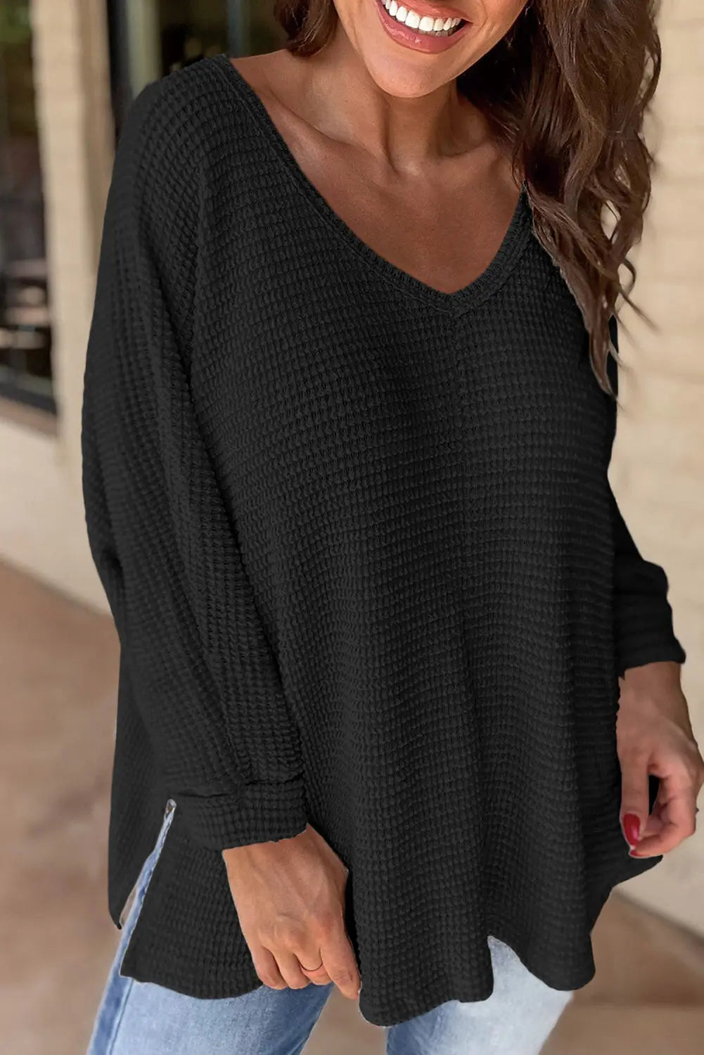 Rose Red Waffle Knit Side Slits Loose Fit V Neck Top eAura