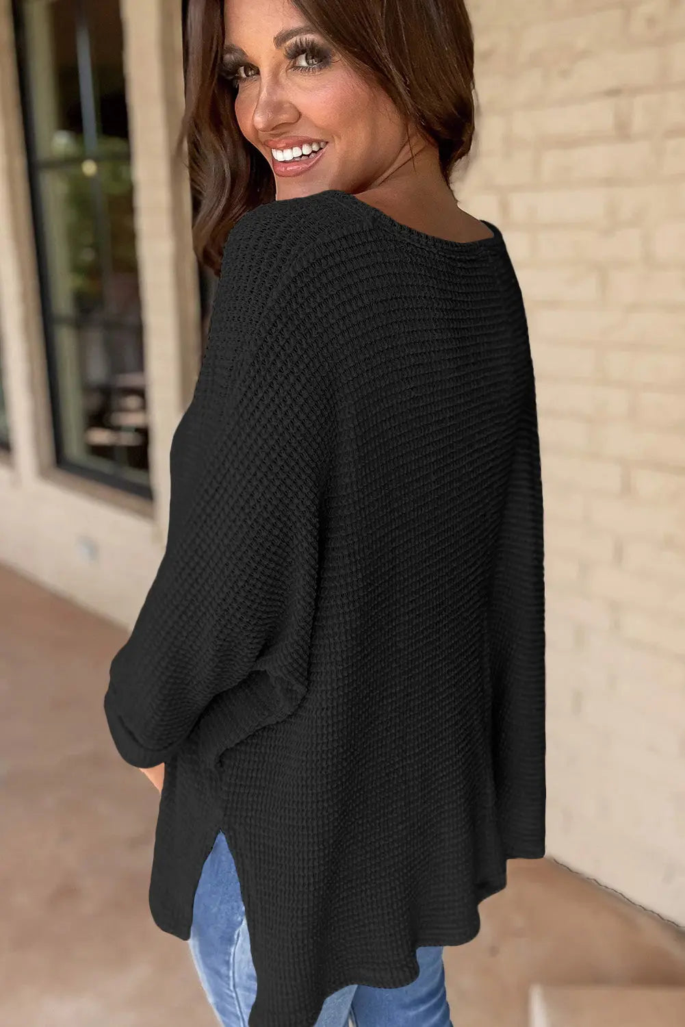 Rose Red Waffle Knit Side Slits Loose Fit V Neck Top eAura