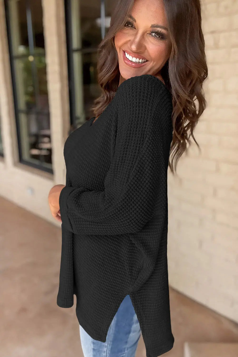 Rose Red Waffle Knit Side Slits Loose Fit V Neck Top eAura