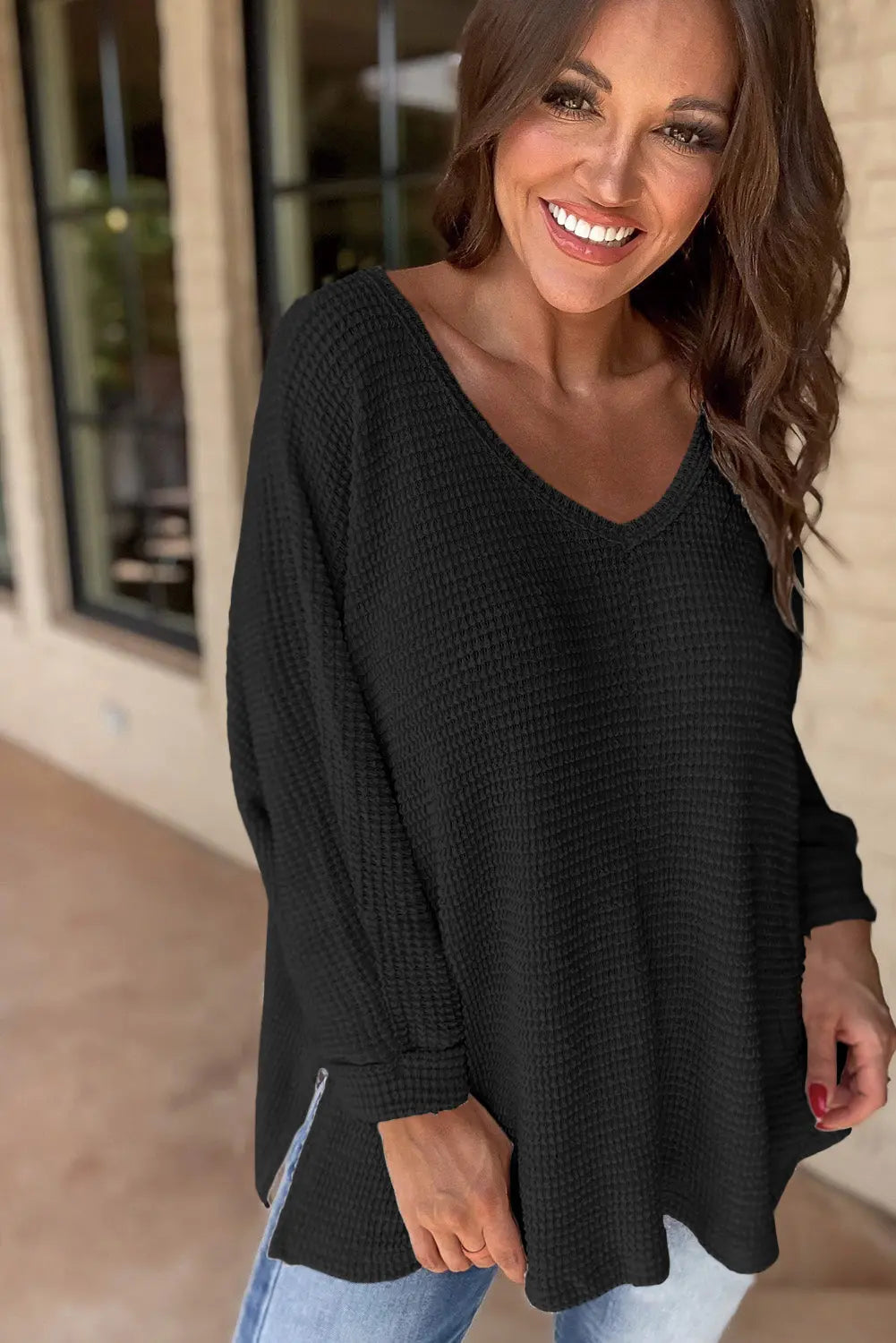 Rose Red Waffle Knit Side Slits Loose Fit V Neck Top eAura