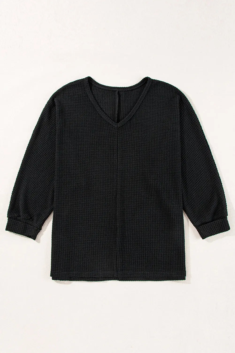 Rose Red Waffle Knit Side Slits Loose Fit V Neck Top eAura