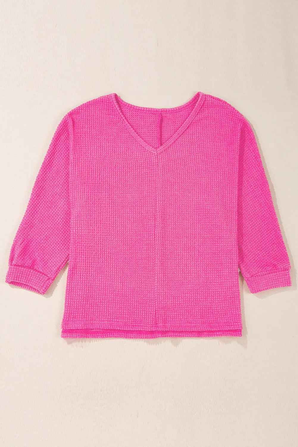 Rose Red Waffle Knit Side Slits Loose Fit V Neck Top eAura