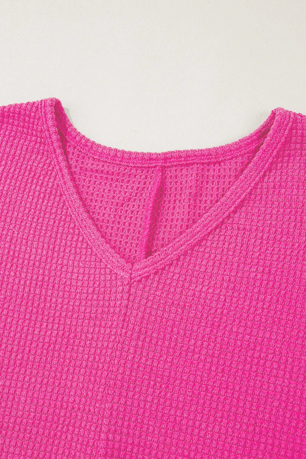 Rose Red Waffle Knit Side Slits Loose Fit V Neck Top eAura