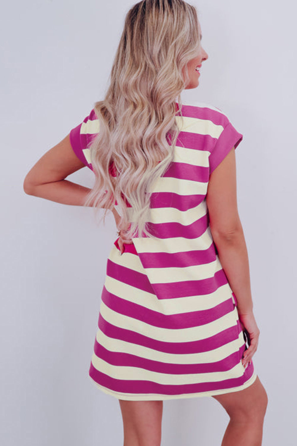 Rose Stripe Cap Sleeve Pocketed Shift T-shirt Dress - eAura