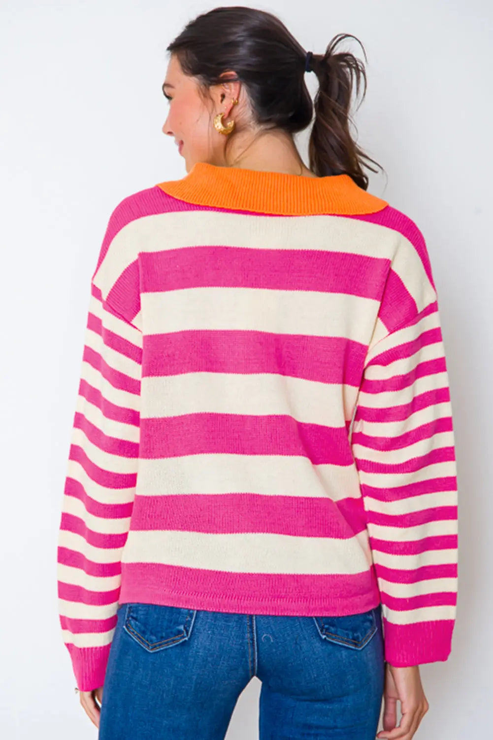 Rose Stripe Colour Block Collared V Neck Drop Shoulder Sweater - eAura