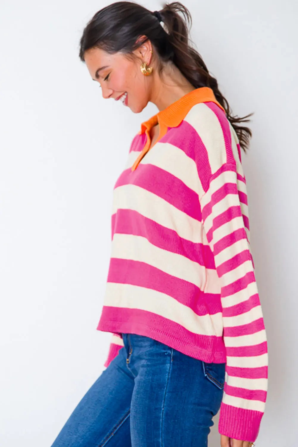 Rose Stripe Colour Block Collared V Neck Drop Shoulder Sweater - eAura