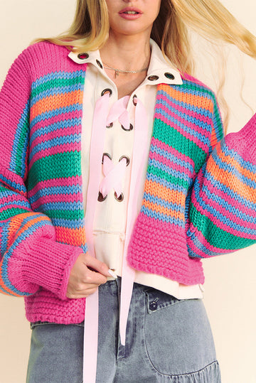 Rose Stripe Colourful Puff Sleeve Drop Shoulder Loose Cardigan - ROSE STRIPE / S / 100% ACRYLIC - Sweaters &