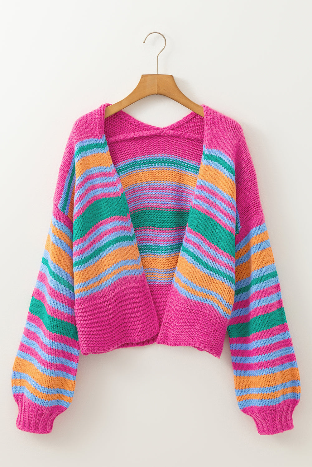 Rose Stripe Colourful Puff Sleeve Drop Shoulder Loose Cardigan - Sweaters & Cardigans/Cardigans