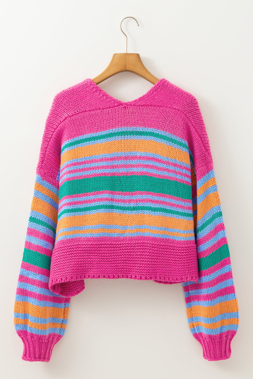 Rose Stripe Colourful Puff Sleeve Drop Shoulder Loose Cardigan - Sweaters & Cardigans/Cardigans