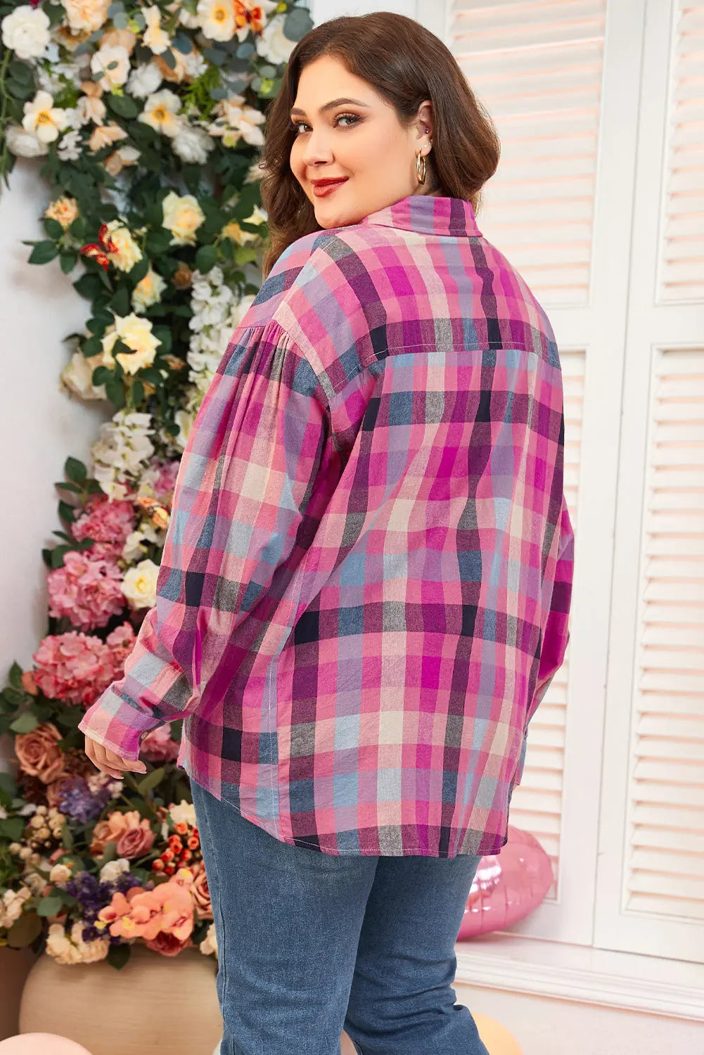 Rose Stripe Plus Size Checkered Print Button up Shirt - BB Fashion Outlet