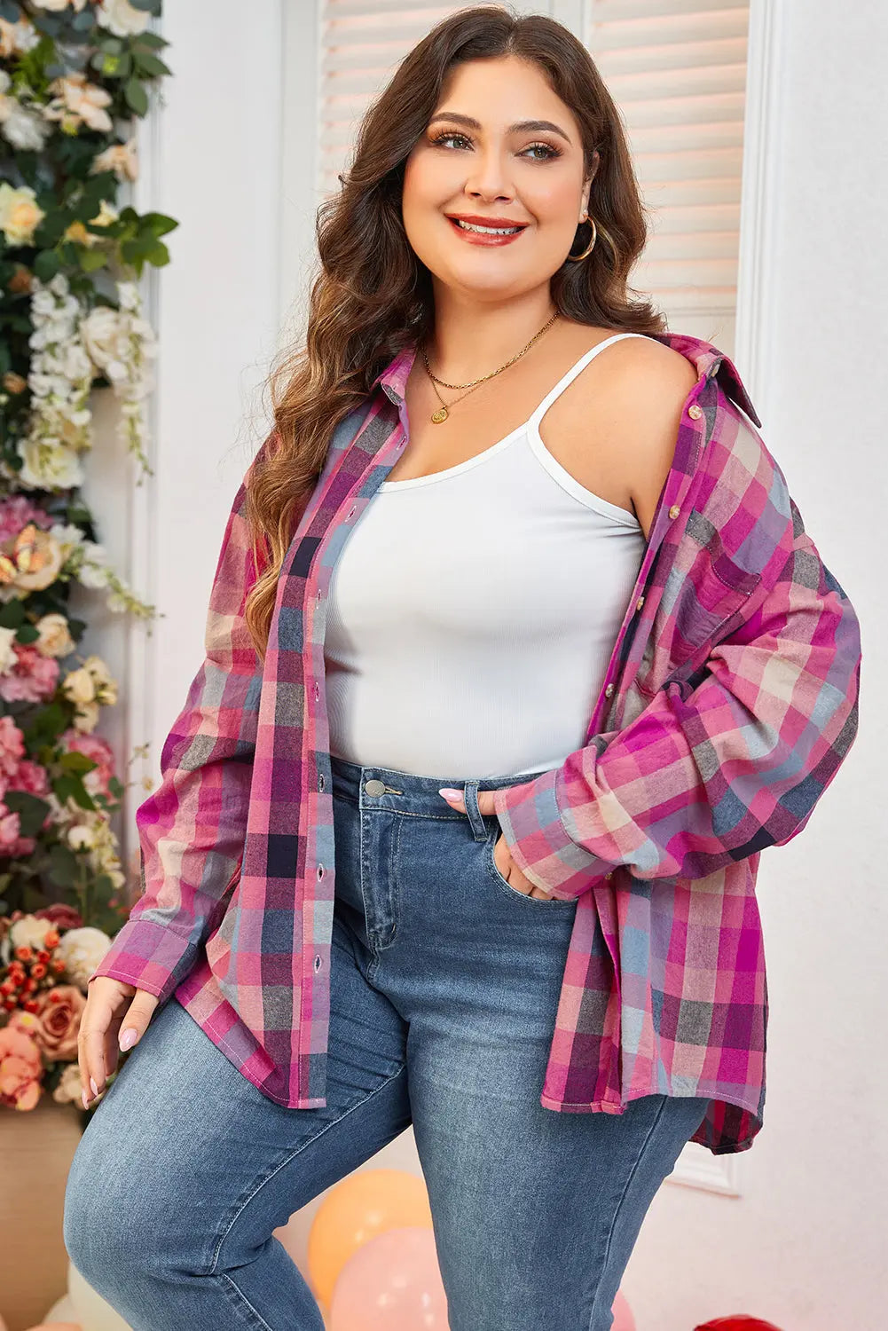 Rose Stripe Plus Size Checkered Print Button up Shirt - BB Fashion Outlet