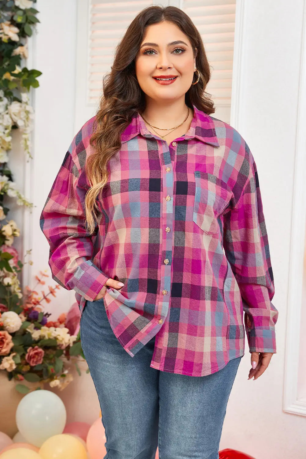 Rose Stripe Plus Size Checkered Print Button up Shirt - BB Fashion Outlet