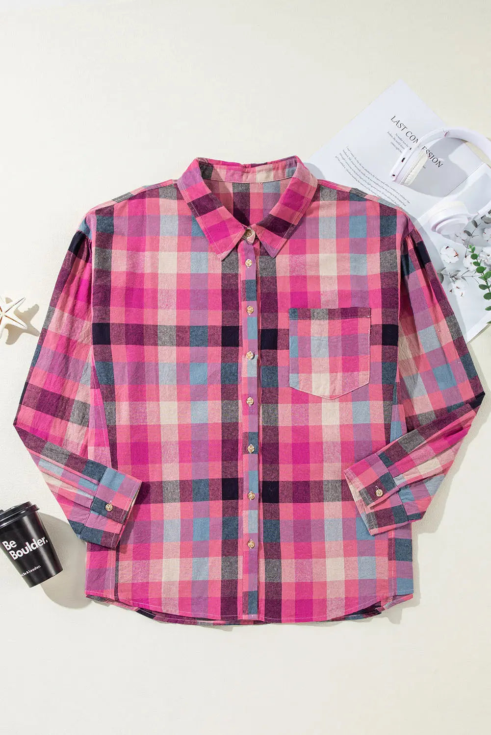 Rose Stripe Plus Size Checkered Print Button up Shirt - BB Fashion Outlet
