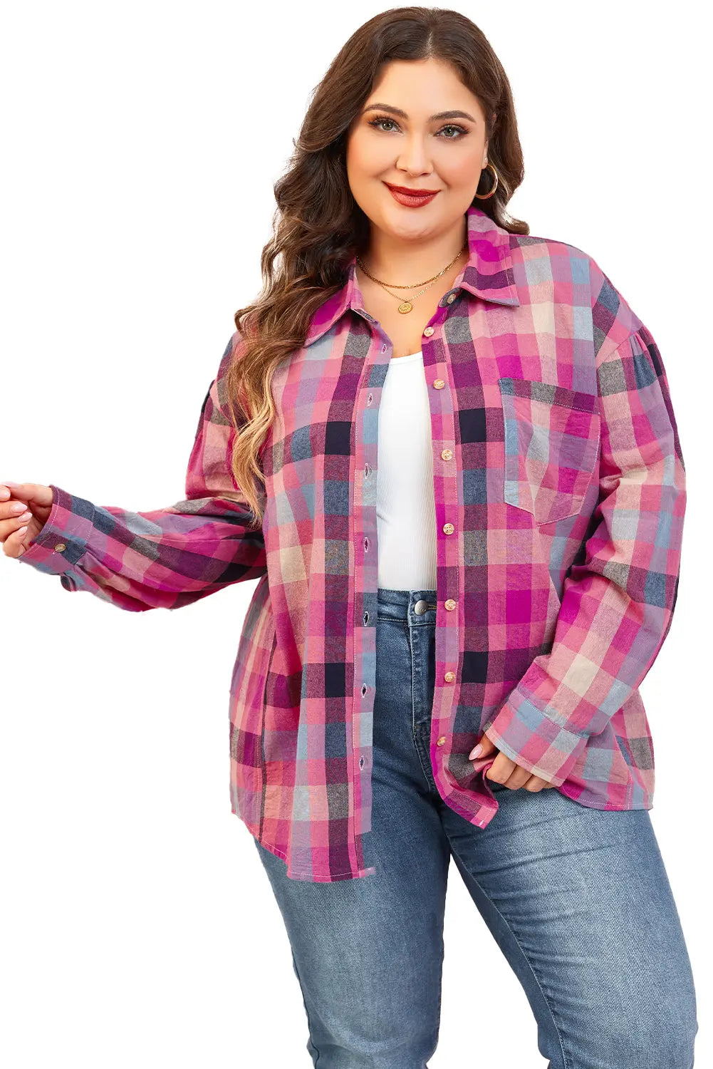 Rose Stripe Plus Size Checkered Print Button up Shirt - BB Fashion Outlet