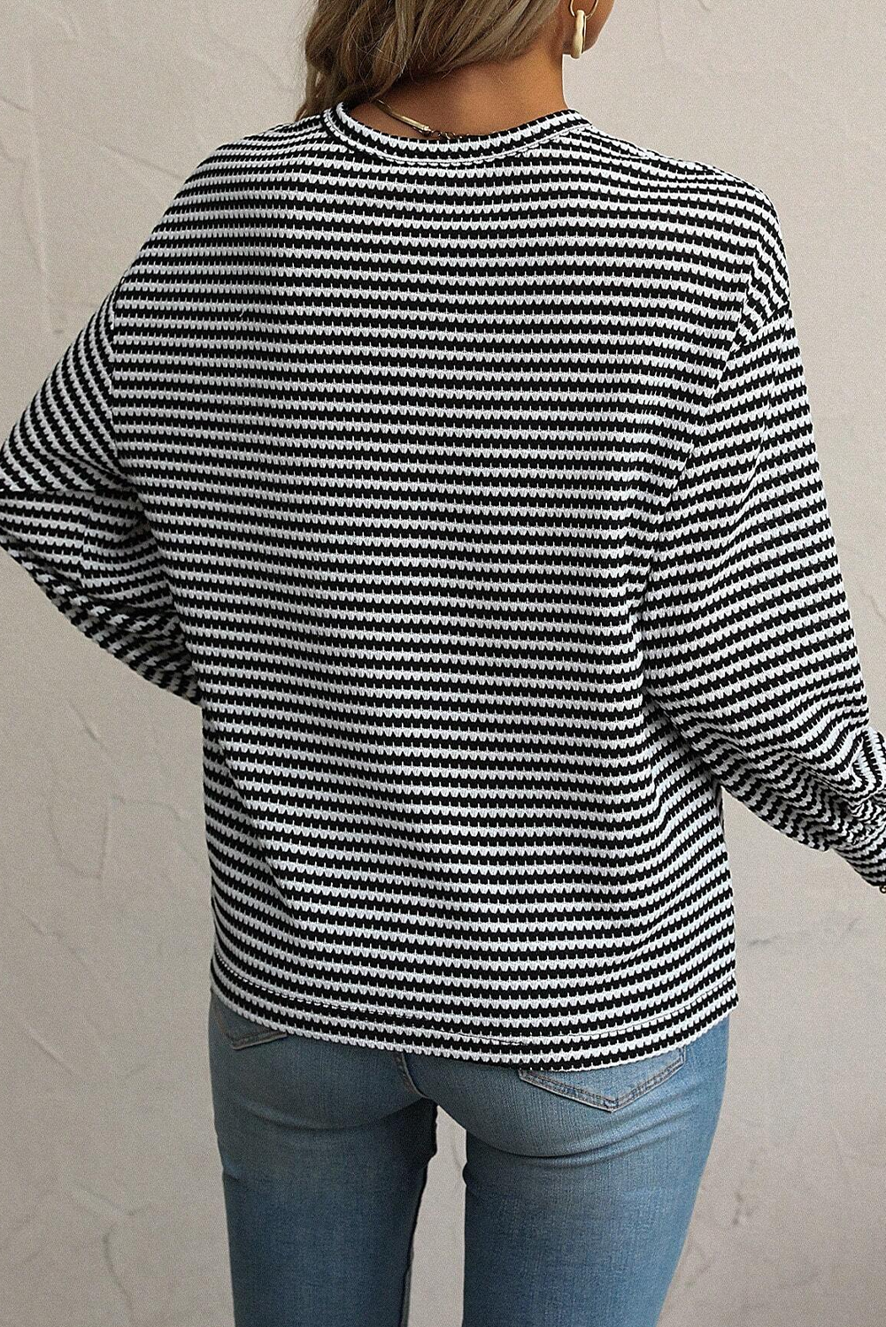 Rose Stripe Round Neck Drop Shoulder Long Sleeve Top - eAura