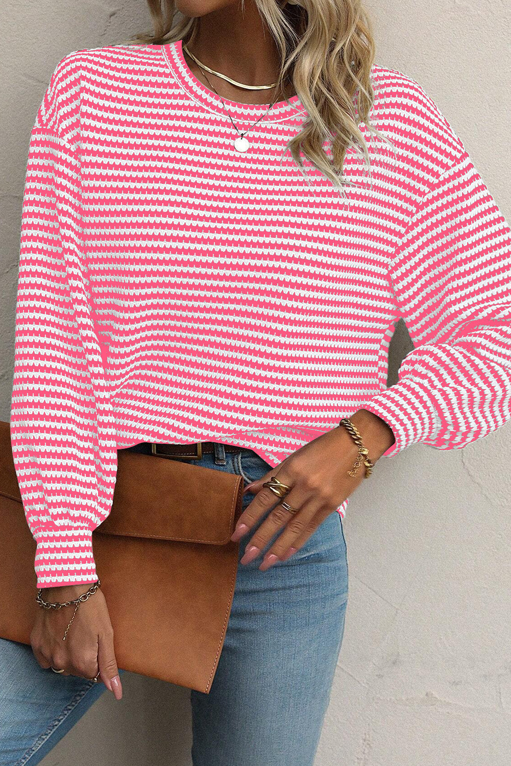 Rose Stripe Round Neck Drop Shoulder Long Sleeve Top - eAura