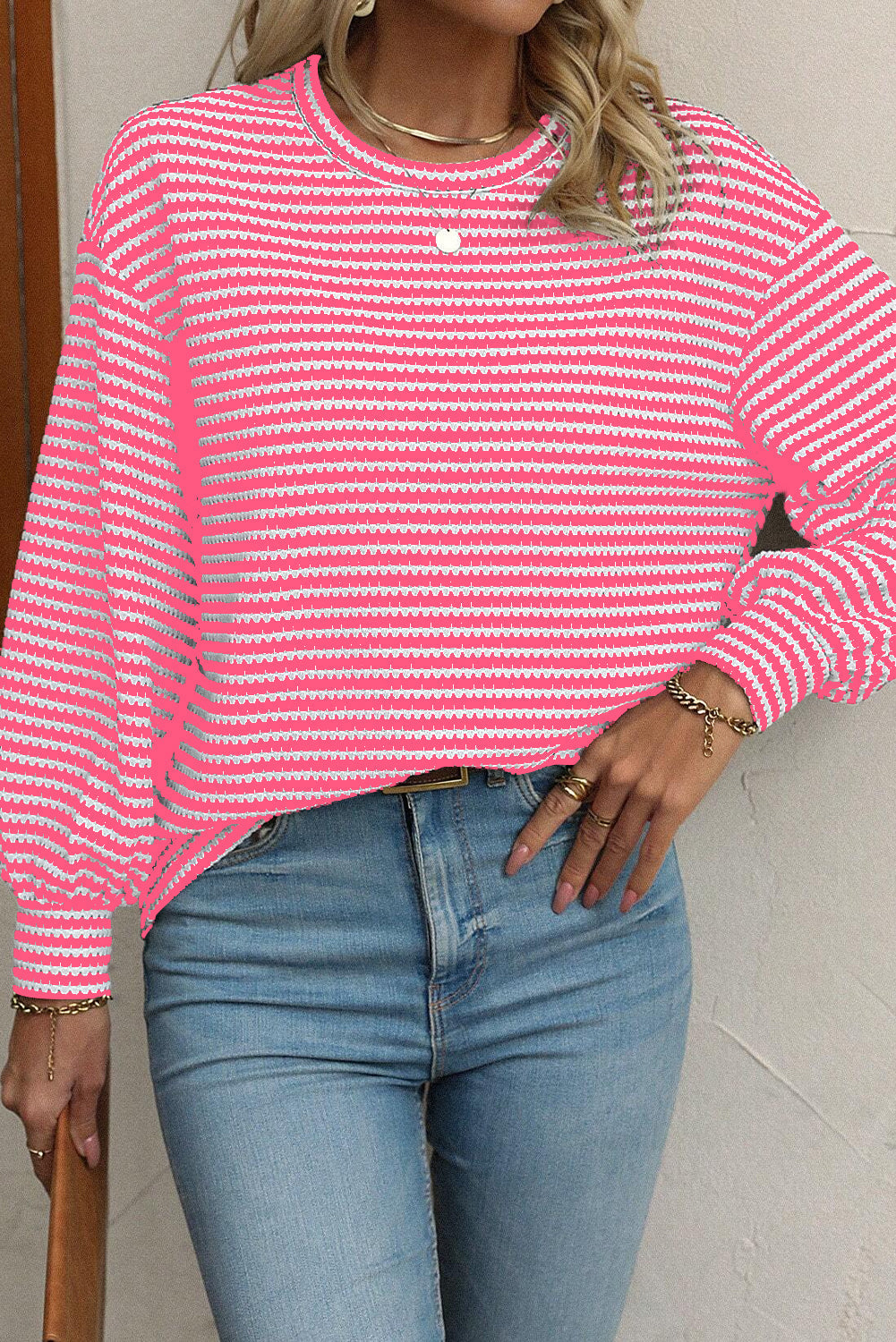 Rose Stripe Round Neck Drop Shoulder Long Sleeve Top - eAura
