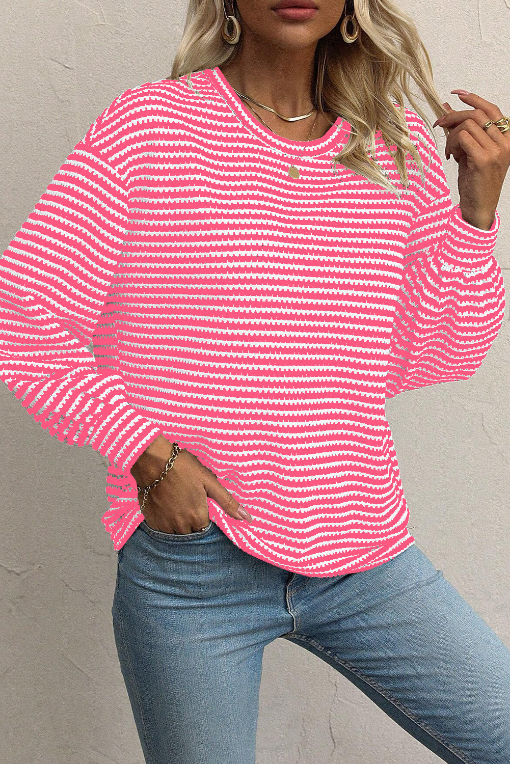 Rose Stripe Round Neck Drop Shoulder Long Sleeve Top - eAura