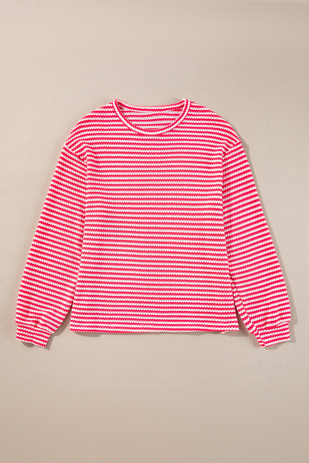 Rose Stripe Round Neck Drop Shoulder Long Sleeve Top - eAura