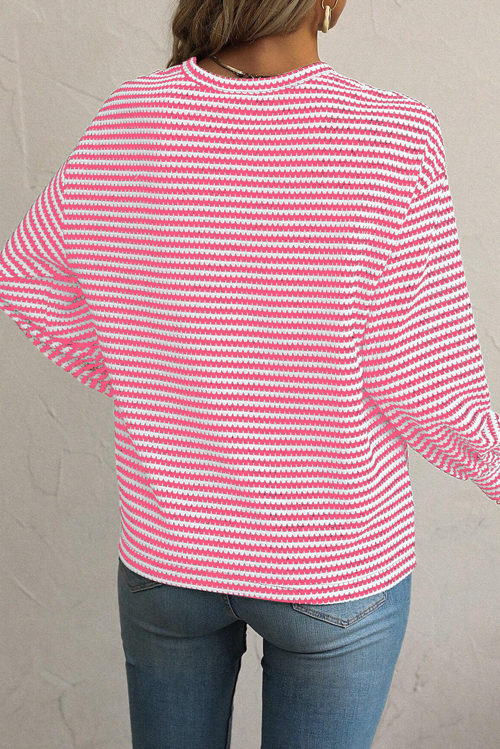 Rose Stripe Round Neck Drop Shoulder Long Sleeve Top - eAura