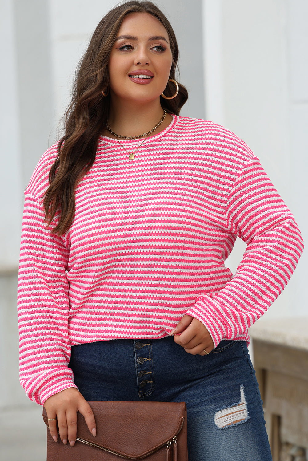 Rose Stripe Round Neck Drop Shoulder Long Sleeve Top - eAura