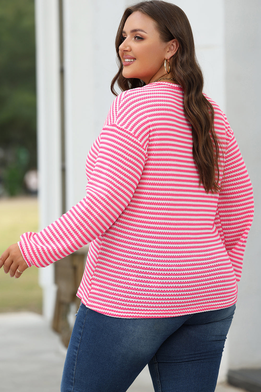Rose Stripe Round Neck Drop Shoulder Long Sleeve Top - eAura