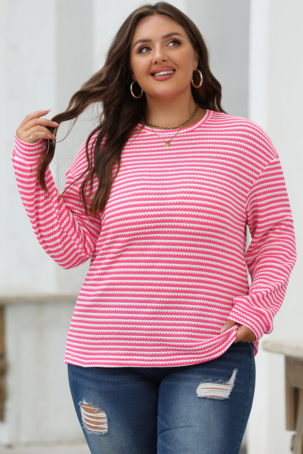 Rose Stripe Round Neck Drop Shoulder Long Sleeve Top - eAura