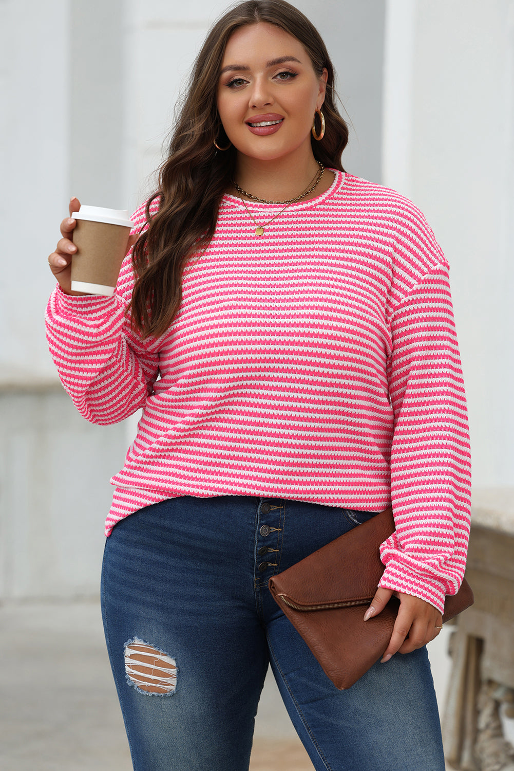 Rose Stripe Round Neck Drop Shoulder Long Sleeve Top - eAura