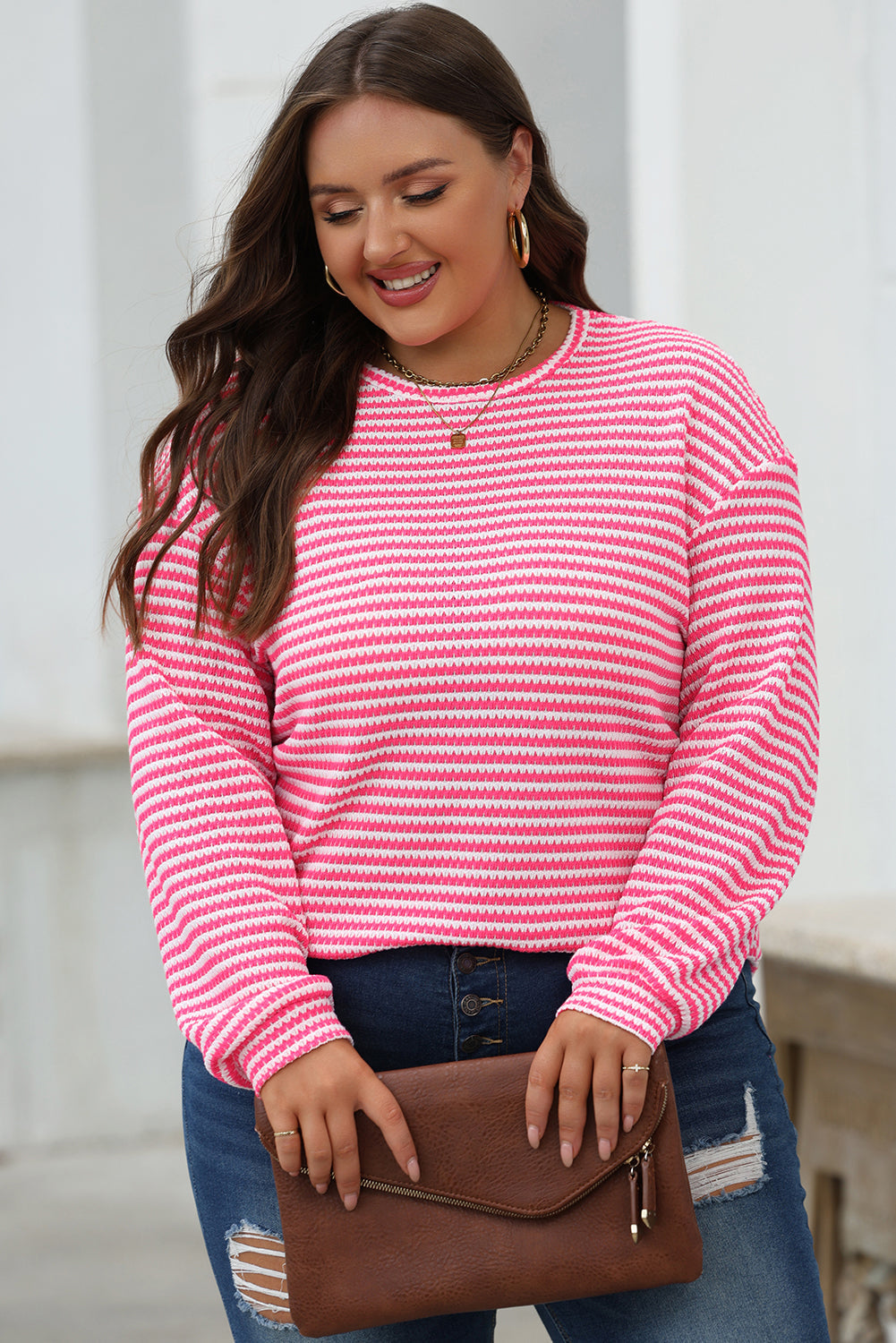 Rose Stripe Round Neck Drop Shoulder Long Sleeve Top - eAura