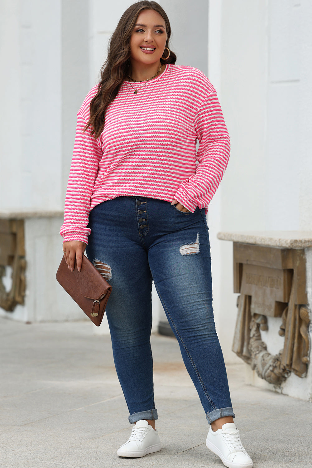 Rose Stripe Round Neck Drop Shoulder Long Sleeve Top - eAura